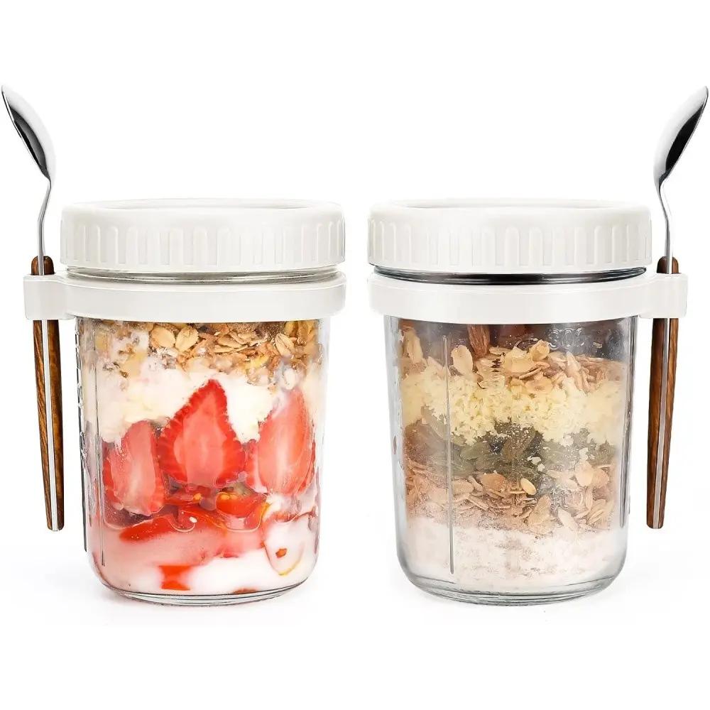 2pcs 350ML Overnight Oat Cups Glass with Lid and Spoon, Sealed Food Breakfast Cup, Portable Grain Milk Salad Yogurt Cup, Kitchen Supplies, Reusable Containers Airtight Container Set