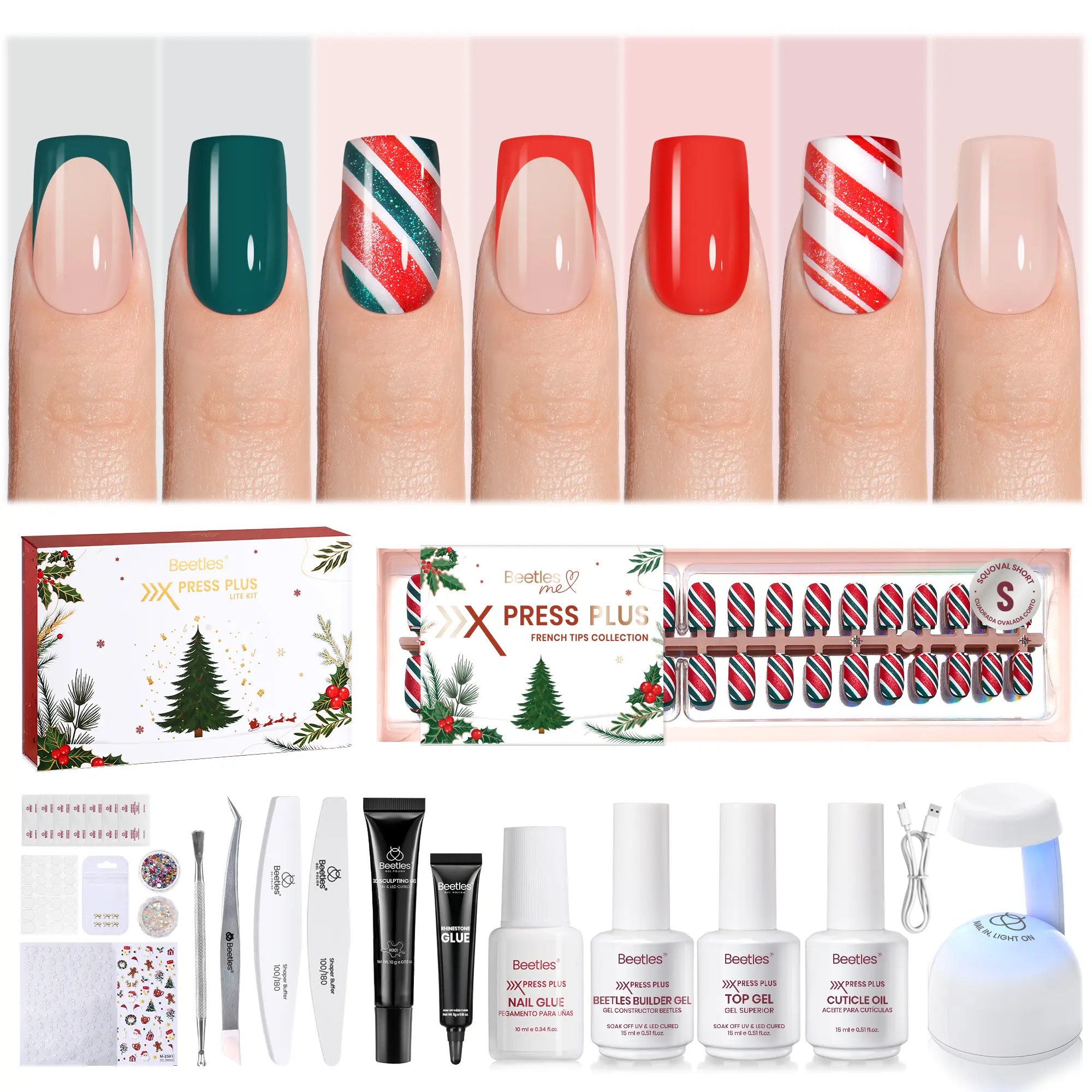 Beetles X Press Plus Press On Nails Kit - Christmas Press On Nails Short 16 Sizes All-in-One Kit With Nail Glue,Remover,Builder Top Coat,Nail Lamp Gift  Cutics