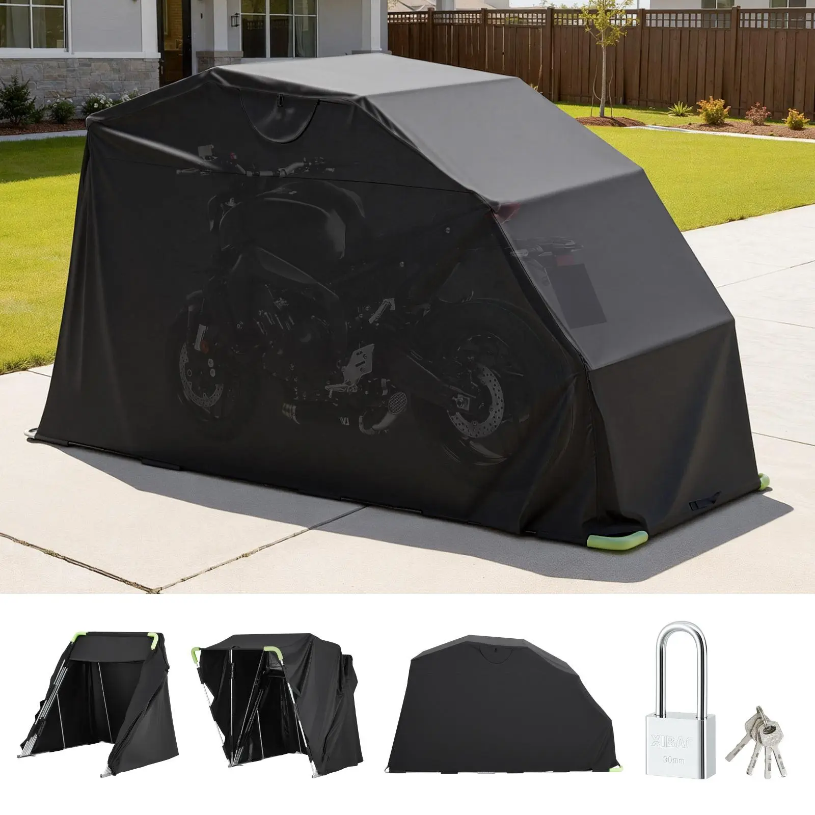 VEVOR Motorcycle Storage Shelter, 600D Oxford Cloth Outdoor Flip-Up Garage Tent with Non-Bending Galvanized Steel Frame, Anti-Theft Lock, Dual-Side Ventilation Windows, 136x54x75in Heavy-Duty All-Weather Cover for Bikes & Most Motorcycles, Black