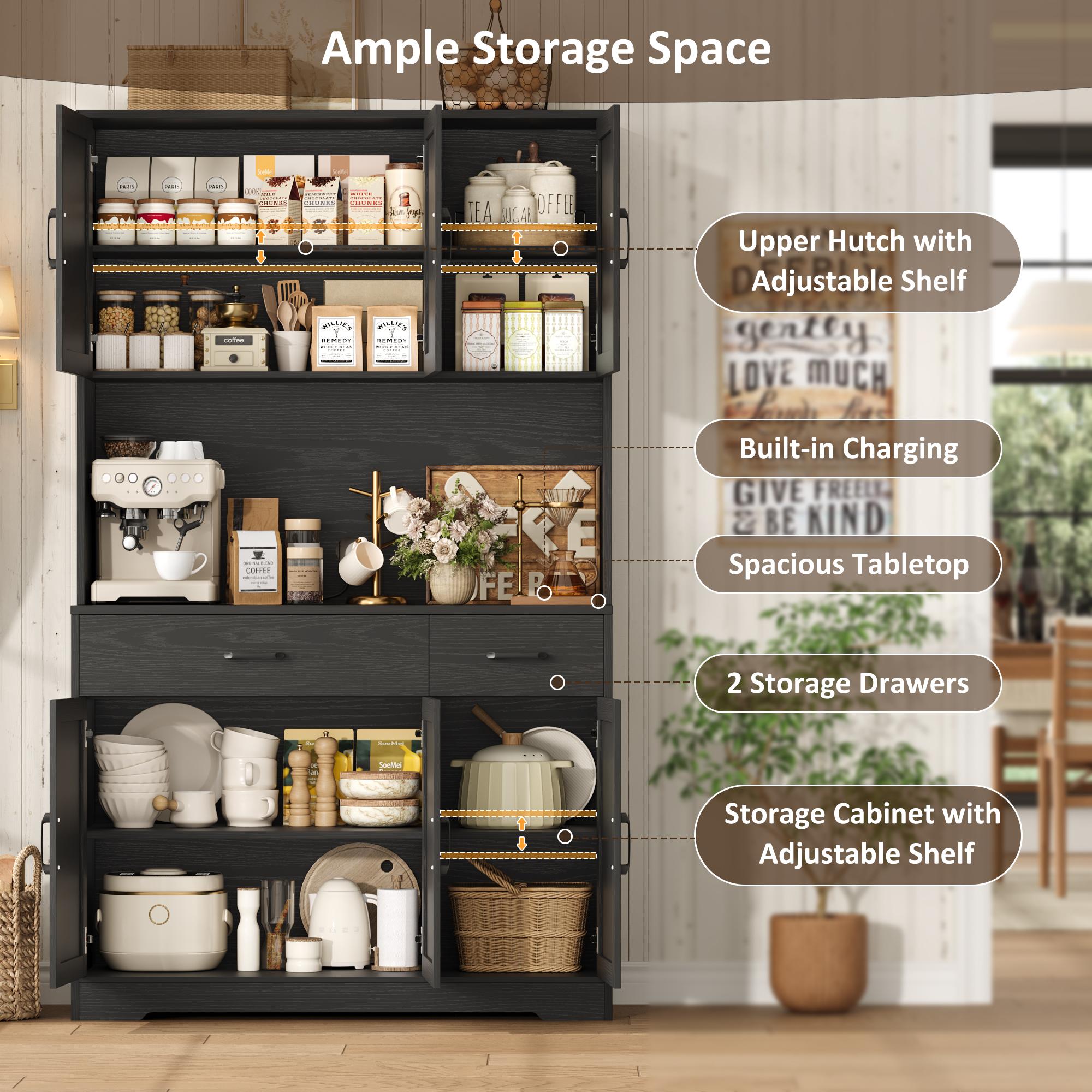 【2 packages shipping】HOSTACK 71" Tall Kitchen Pantry Storage Cabinet, Coffee Bar Cabinet with Charging Station,  Microwave Stand, Storage Drawers, Adjustable Shelves, 6 Doors