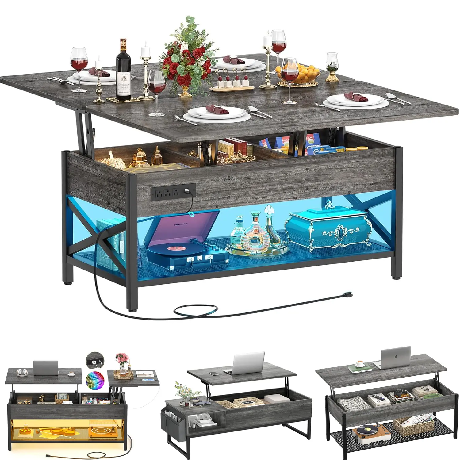 Lift Top Coffee Table Tea Table End Table with Storage Shelf ＆ Hidden Compartment ＆ LED Lights ＆ Power Outlets