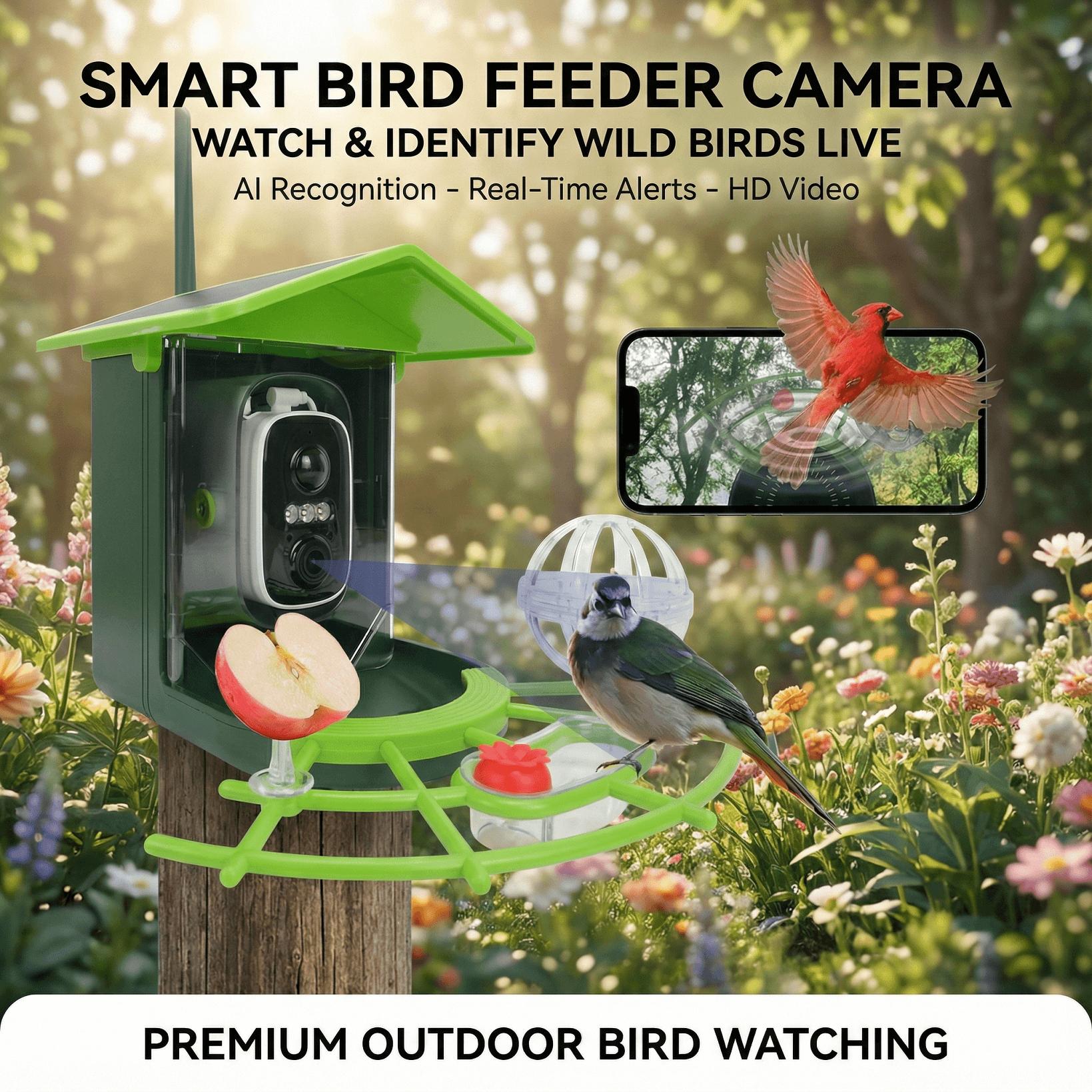 Comhoma Bird Feeder with Camera Solar Powered, AI Identify & Auto Capture with 32GB Card, 2K HD Live Video Smart Bird Feeder Camera Instant Notifications in Backyard, Gift for Bird Lovers