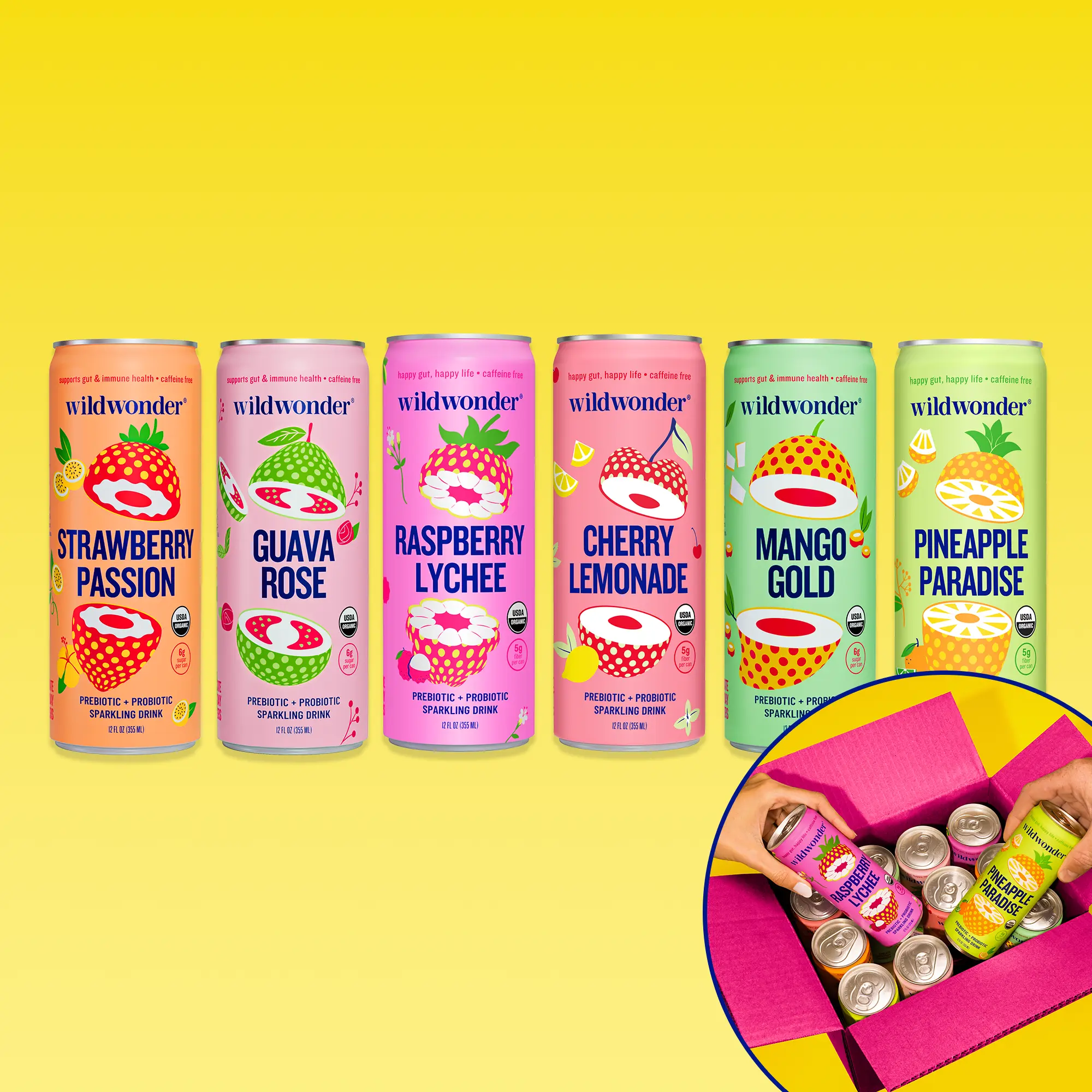 wildwonder Organic Sparkling Probiotic Fruit Drink Cans - 6-12pk Nonalcoholic Fizzy Drink, 5g Prebiotic Fiber, Live Probiotics, Vegan, Low Sugar Gut Health Beverage, Rose/Cherry/Pineapple Flavors, Summer Beverage