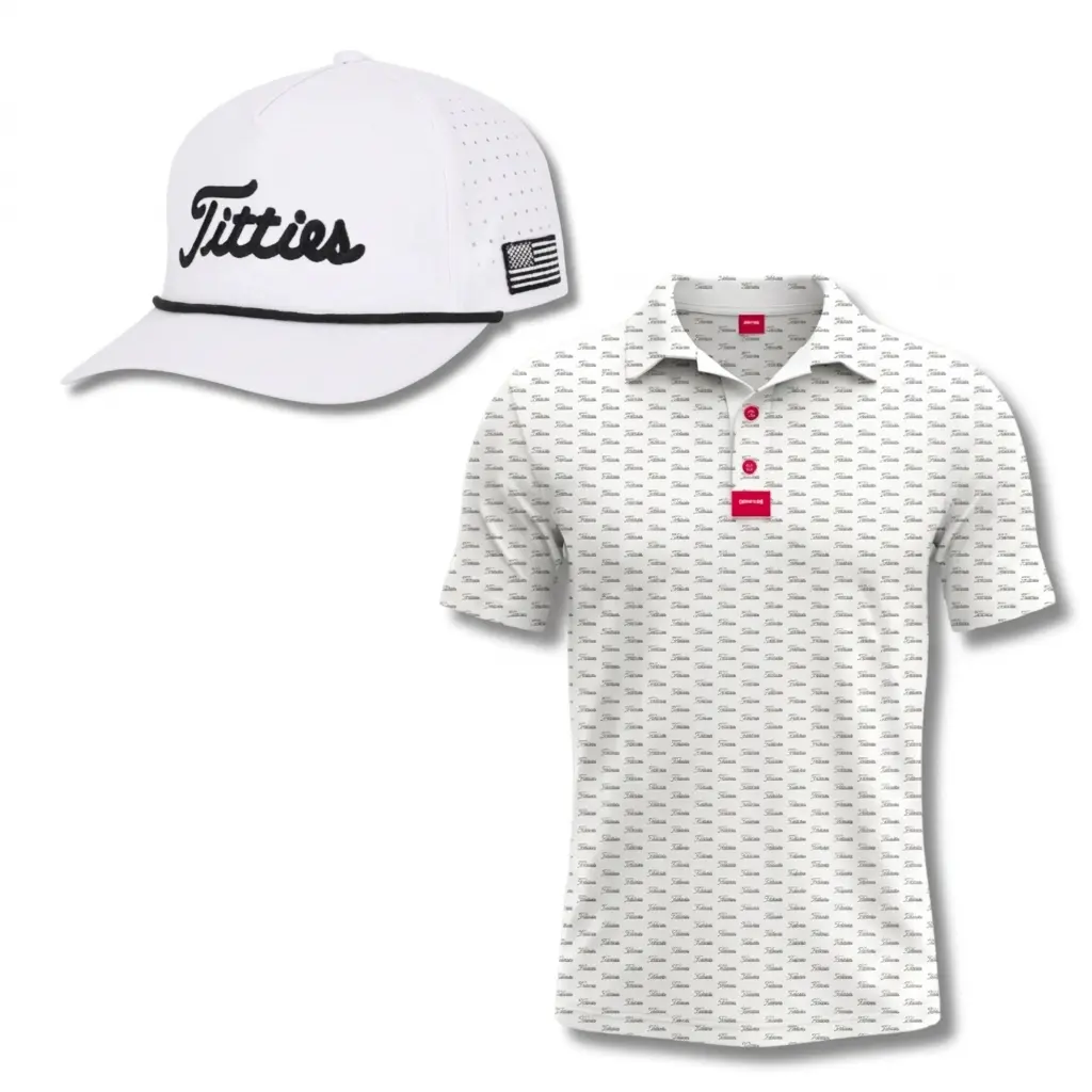 Ultimate Titties Bundle –White & Black Titties Golf Hat and Polo Set – One Size Adjustable Men’s Hat– Golf Apparel