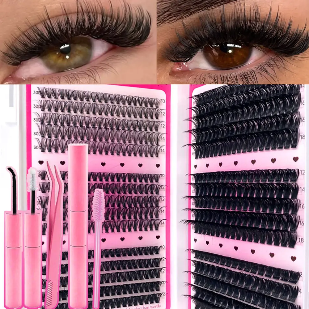 Mikiwi 570 PCS Cosmetic Makeup Individual Cluster False Eyelash Extensions Kit for Adults, Large Capacity, Natural Wispy Fluffy D-Curl, 10-18mm, 0.07mm, Evil DIY, Thick, Curly, Ultra Soft, Super Light, Reusable, Segmented, Beginner-Friendly
