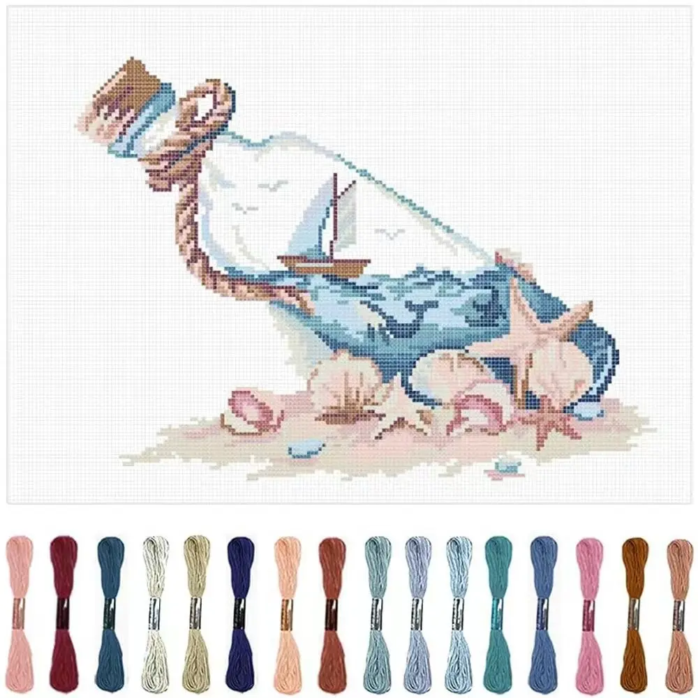 Cross Stitch DIY Art Kit, Embroidery Design Set, Ocean Bottle Cross Stitch Decoration, Beginner Friendly, Includes Fabric, Threads, Tools, Instructions, Embroidery Patterns, Cross Stitch Supplies
