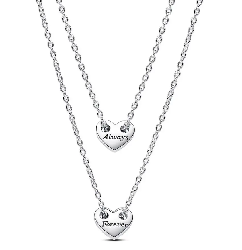 Pandora Forever & Always Splittable Heart Collier Individual Necklace, Engraved Polished Heart Shaped Pendant Silver Jewelry, Elegant Sentimental Gift (393207C00-45)