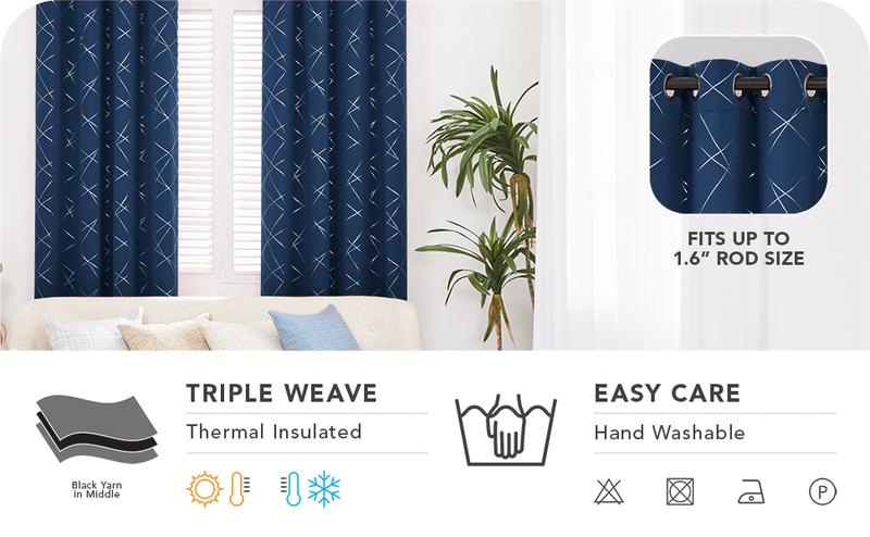 Deconovo Blackout Curtains Silver Parallel Slash Thermal Insulated Noise Reducing Privacy Drapes for Bedroom & Living Room Black Patterned Grommet Top