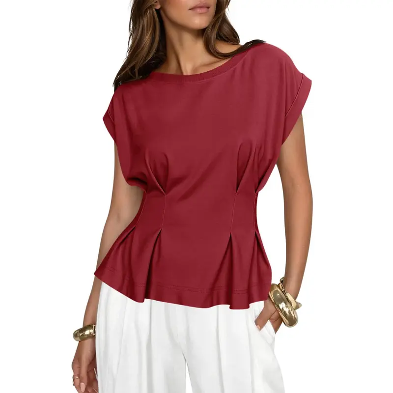 Cicy Bell Womens Peplum Tops Summer Babydoll Cap Sleeve T-Shirts Dressy Casual Crew Neck Pleated Blouses