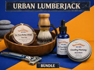 Sandbar SUDS Urban Lumberjack 4-Piece Beard Care & Shave Set | Premium Grooming Kit for Men | Includes Beard Balm, Beard Oil, Shave Soap with Dish & Boar Bristle Brush with Stand | Luxury Scented Gift Set | Made in USA | Phthalate-Free