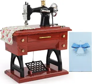 Sewing-Machine-Music-Box-Vintage-Hand-Cranked-Mechanism Mini Musical Retro Classical Table Desk Decoration with Greeting Card