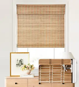 No Tools No Drill Cordless Bamboo Roman Shades, Light Filtering Window Treatment, Roll Up Bamboo Blinds for Windows 34'' W x 64'' H, Brown