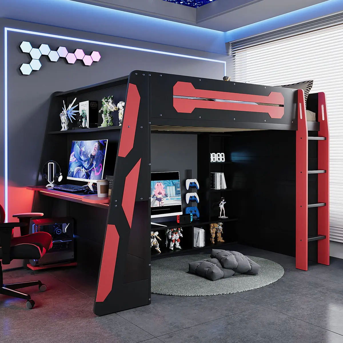 Aobtkel Full Size Gaming Loft Bed with Desk, Multi-Storage Shelves and APP-Controlled RGB LED Lights, Wood Loft Bed Frame with TV Console Space, 600 lbs Capacity, Space Saving Gamer Bed for Teens Bedroom, Gaming Room, Dorm