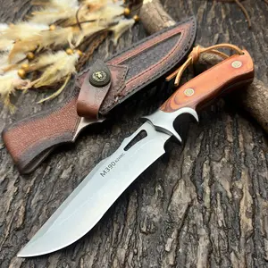 Portable straight outdoor knife, sandalwood handle knife, suitable for outdoor activities, camping, rescue, survival, an exquisite gift for men, with a leather sheath, high-hardness camping knife,