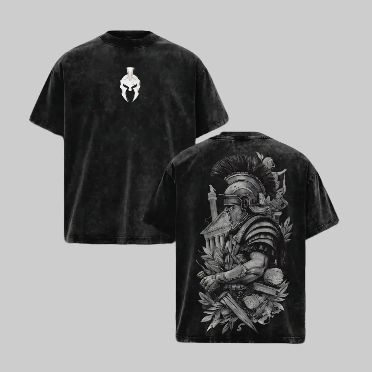 Spartan Warrior - Vintage Washed Graphic Tee Oversized Tshirt Men Streetwear Heavy Cotton Fall Outfits Clothes Men Retro Style Historical Graphic T-Shirt Roman Gladiator Armor Art Vintage Tees Trendy T-Shirts Gift for Men Q55