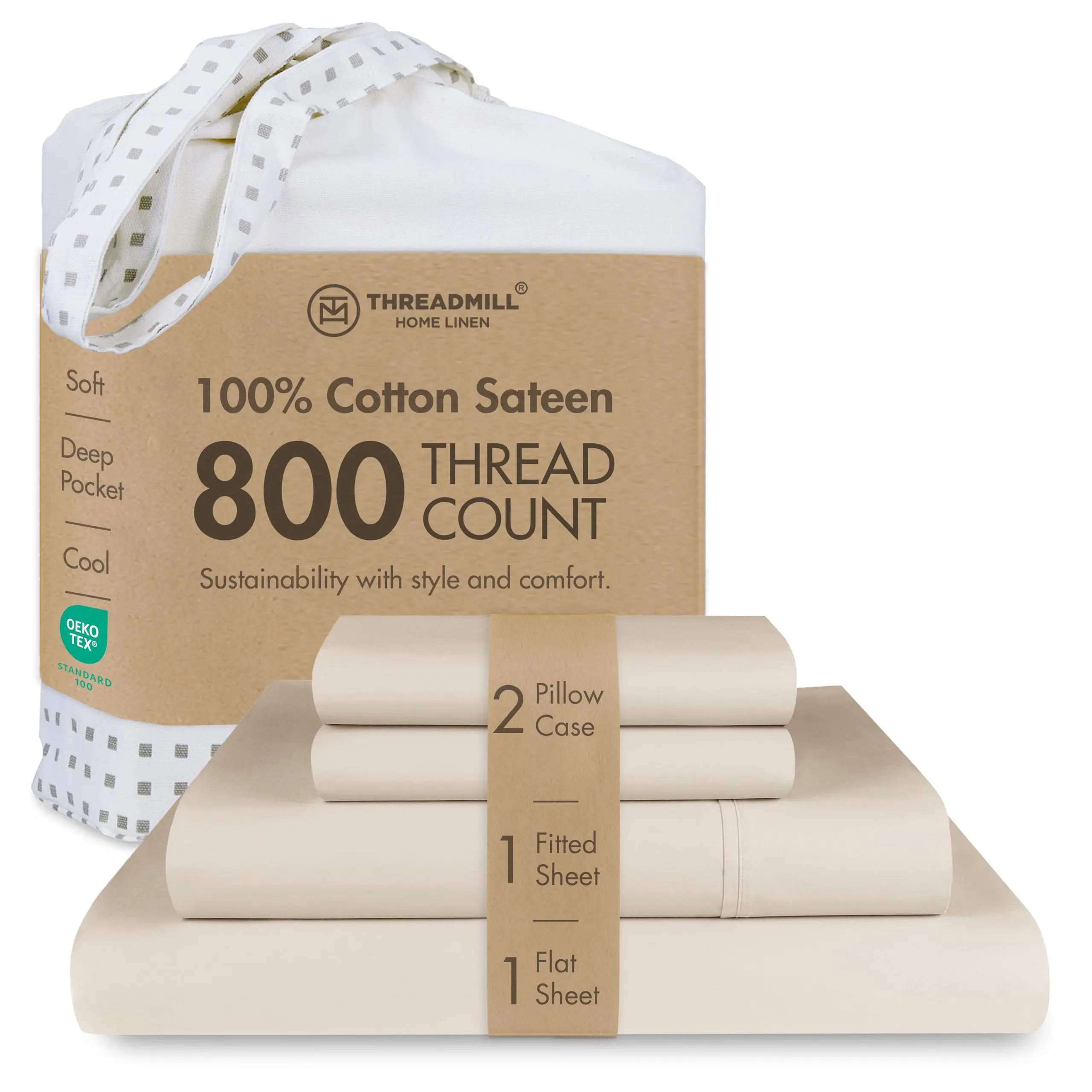 Threadmill Home Linen Queen 4-Piece Striped Extra-Long Staple Cotton Jacquard Linen Sheets Set - 800 Thread Count Sateen Weave Hotel Style Bedding, Soft, Breathable, Durable, Fade-Resistant Bed Set with Elegance