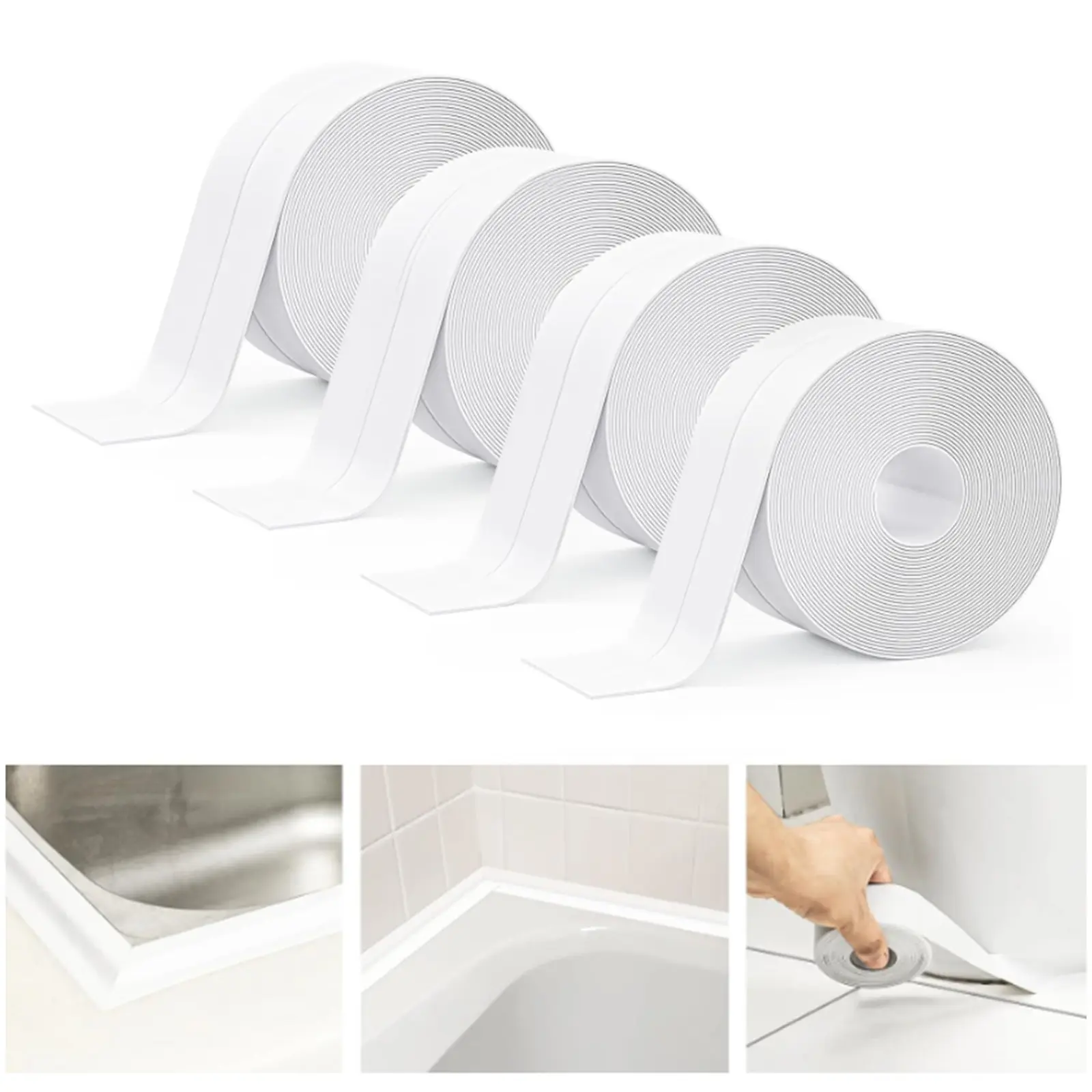 Waterproof Self-Adhesive Caulk Tape (4 Rolls, White) with Sealing Tool – Floor and Wall Edge Protector for Kitchen, Bathroom, and Multiple Surfaces, Multi-Roll Sealing Tape, Adhesive Sealing Tape