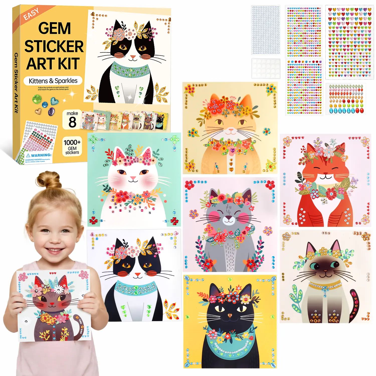 Gemstone Art Sticker Set Crafts for children ages 4-12 8 cat-themed diamond painting kits Gemstone sticker crafts Christmas and birthday gifts Perfect for girls ages 4, 5, 6, 7, and 8