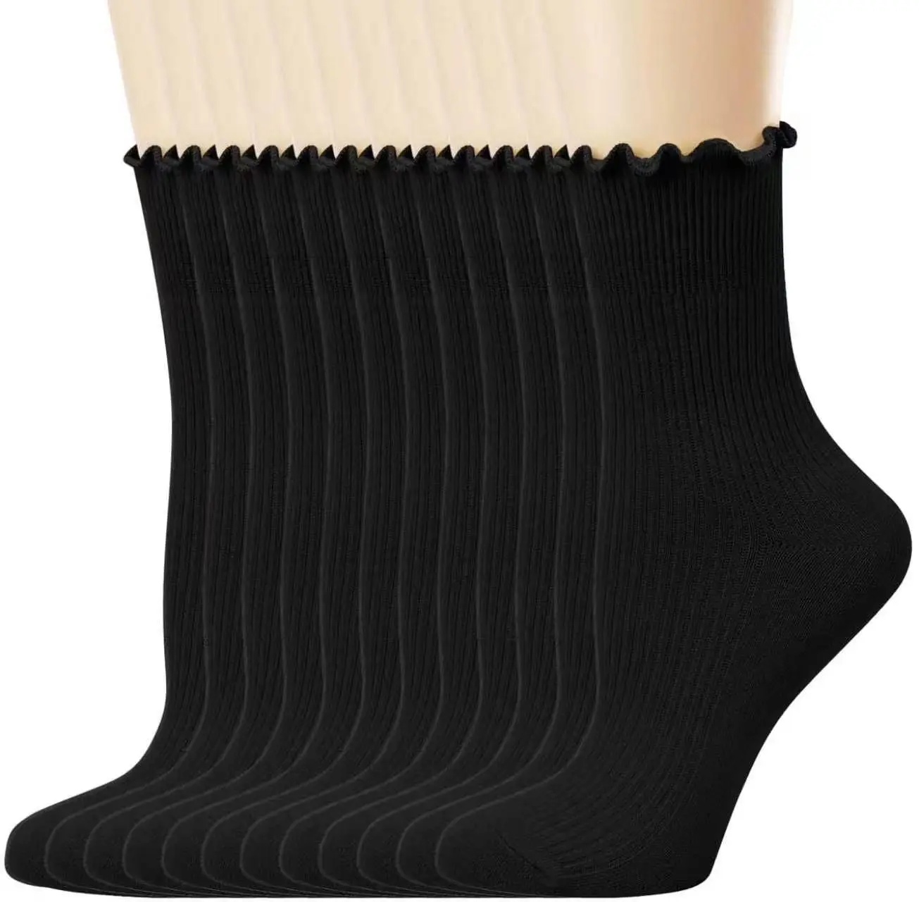 Women's 12-Pair Ruffle Ankle Socks Set - Turn-Cuff Frilly, Smooth, Elastic, Soft Breathable Lightweight, Overall Fit for Outfits (Black)