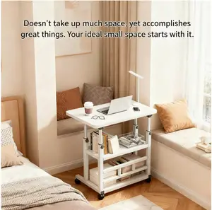 Heavy-Duty Metal Folding Desk, 3-Tier with Storage Shelf & Locking Casters, Height-Adjustable Expandable Desktop, Space-Saving Rolling Computer Table with Engineered Wood Top, for Home Office Bedroom Living Room, Easy Assembly