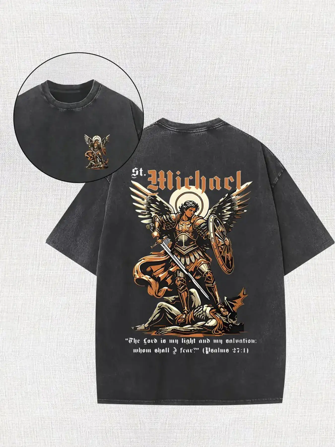 Men's 230GSM Heavyweight Distressed Wash Batik Tshirt - Double-Sided Washed Christian Faith Round Neck Top with Michael the Archangel, Psalm 18:15 Bible Verse, All-Season Casual Clothing for Church, Sport - Father's Day Gift