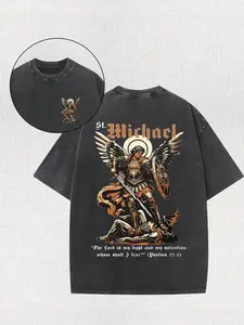 Men'S Heavyweight 230GSM Vintage Batik T-Shirt - Double-Sided Washed Christian Faith Design with Michael the Archangel & Psalm 18:15 Bible Verse, All-Season Casual Round Neck Tee for Outdoor Activities, Church Events & Casual Attire - Machi