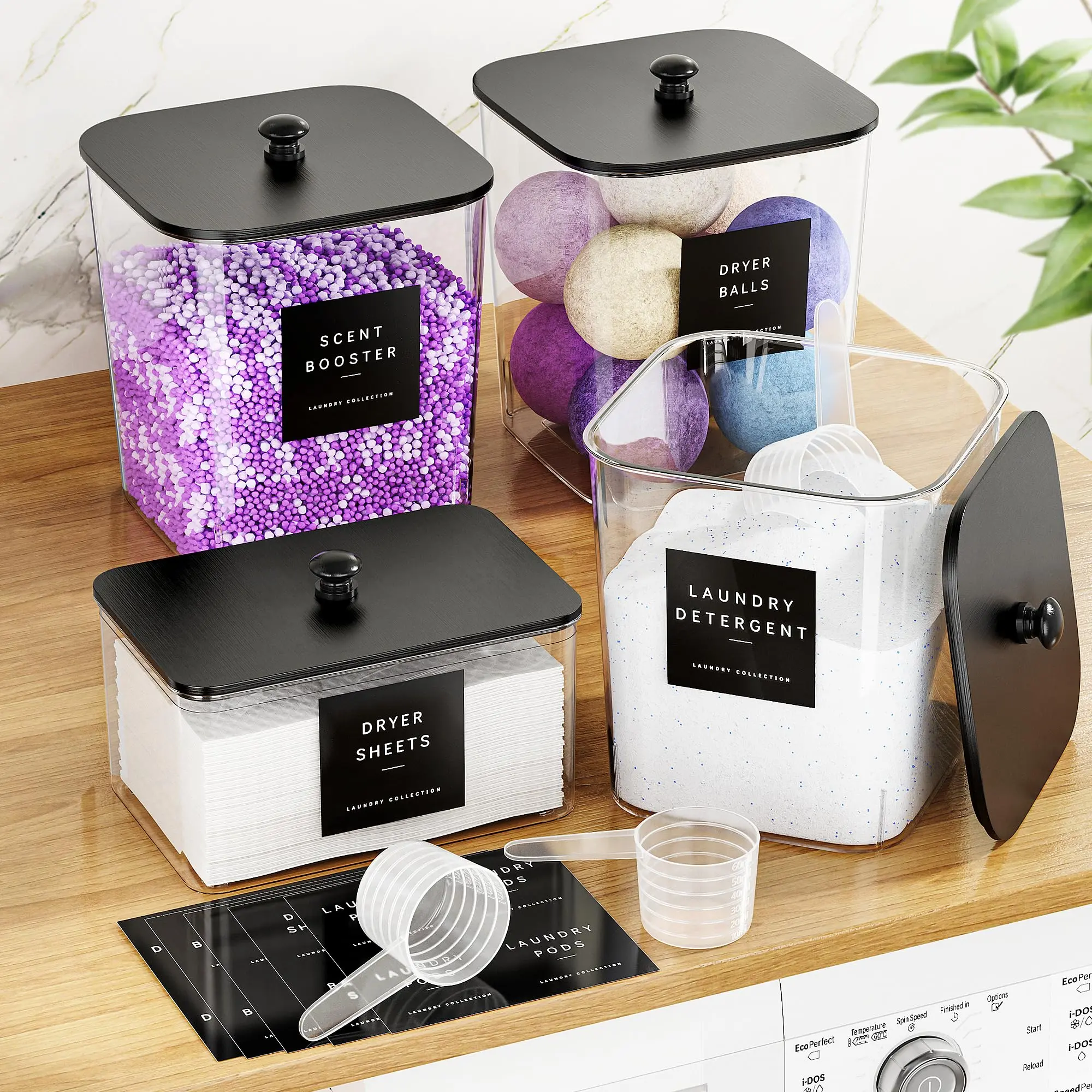 3+1 Pack Laundry Pods Container, Clear Laundry Room Organization Containers, Large Laundry Detergent Powder Storage Containers with Black Lids & Labels, Laundry Pods Holder for Scent Booster