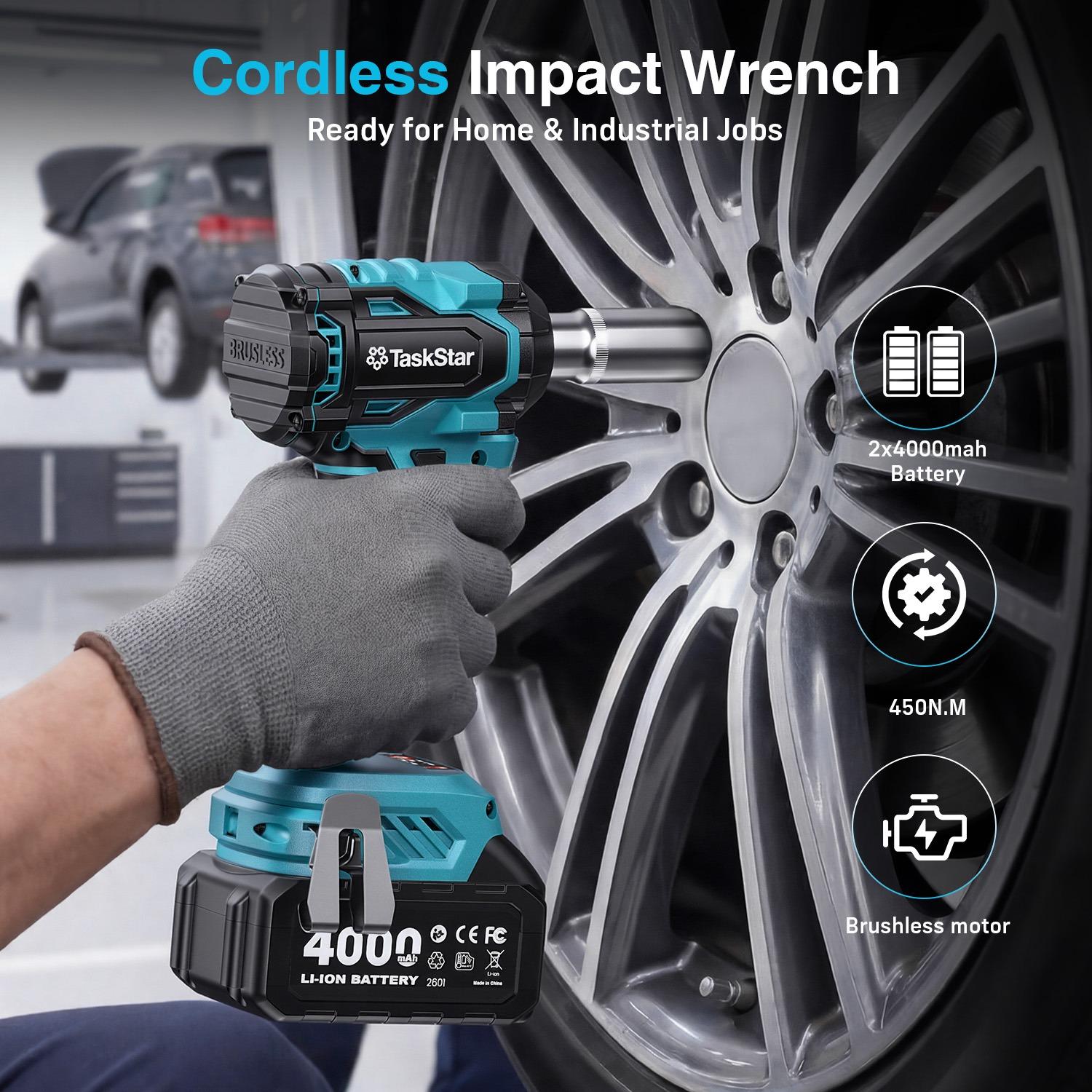 TaskStar 450N.m Cordless Impact Wrench 3/8 Inch(330Ft-lbs)  with Two 4000mah Battery, four Sockets, Power Tool for Professional Mechanics & DIY Enthusiasts