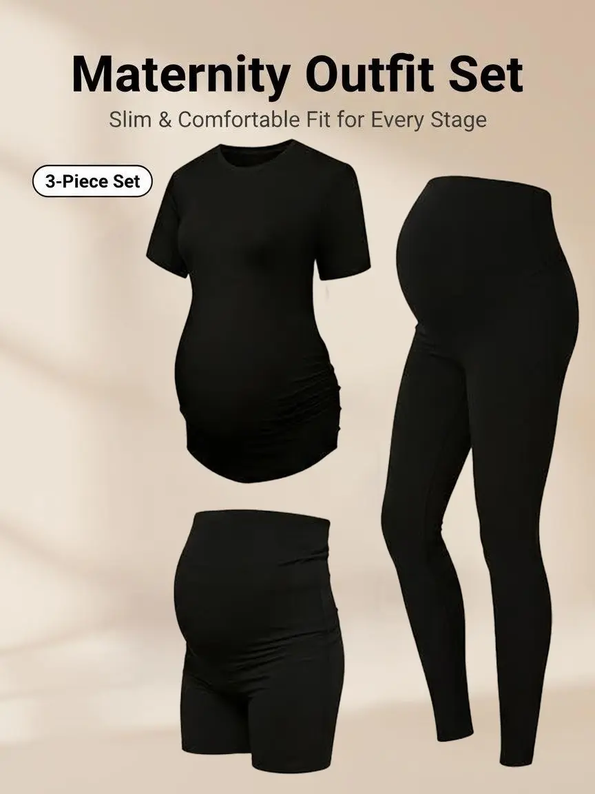 Women's 3-Piece Maternity Sets, 2-in-1 Shorts & Leggings, Slim-Fit Comfortable Pregnancy Sports Clothing for All Stages