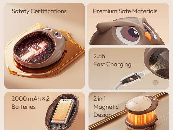 Gaiatop 2-in-1 Magnetic Owl Hand Warmer, 4000mAh Rechargeable Pocket Heater, 2s Rapid Heating, 3 Temp Levels, 2.5h Fast Charging, NTC Safety, 75g Mini Warmer, Ideal Valentine's Day Winter Gift for Him Her Family   Valentine's Day gift