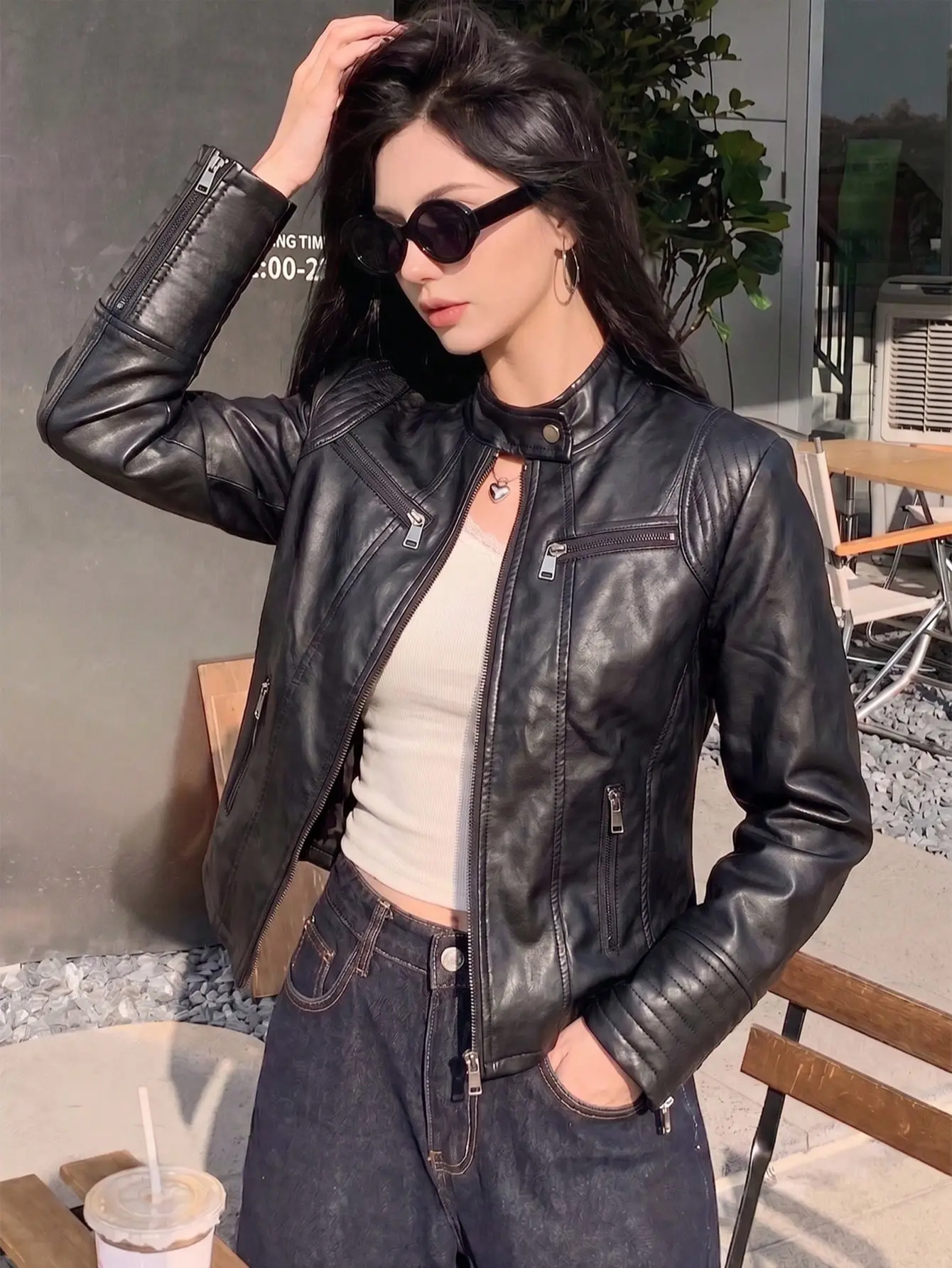 Women’s Smooth Fabric PU Faux Leather Motorcycle Jacket - Slim Fit, Stand Collar, Multiple Zippered Pockets, Windproof, Waterproof, Long Sleeves, Everyday Tops, Bicycle Outerwear, Minimalist Fashionable Street Style for Spring & Autumn, Coats