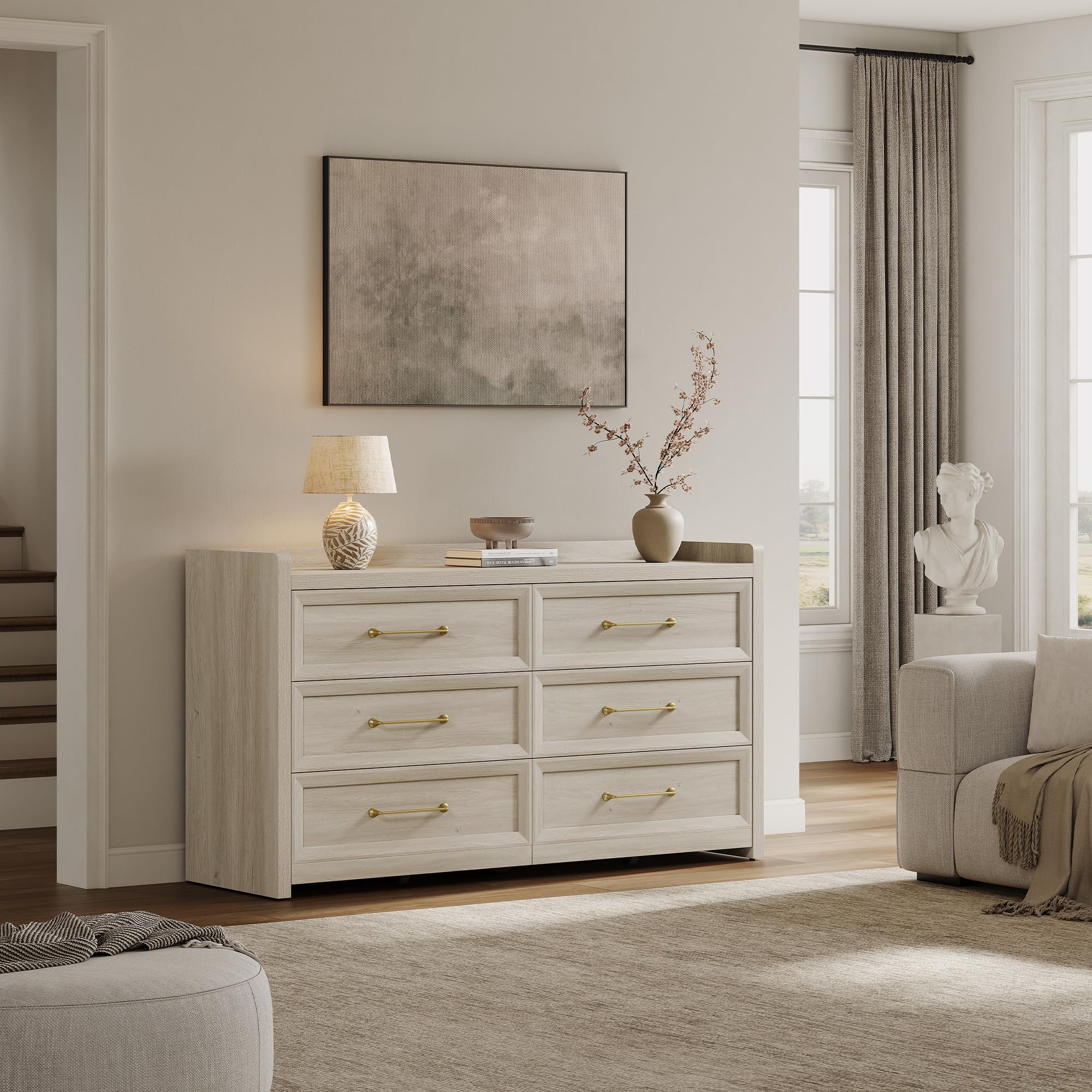 SICOTAS 6 Drawer Dresser for Bedroom-56.4" Extra-Wide Wooden Chest of Drawers with Large Storage, Long Dresser TV Stand with Drawers, Farmhouse Closet Dressers for Nursery Living Room