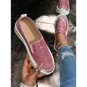 Women's Elegant Sequined Slip-On Non Slip Flat Shoes, Comfortable Tpr Sole, All-Season Fashion Sneakers, Metal Toe Detail