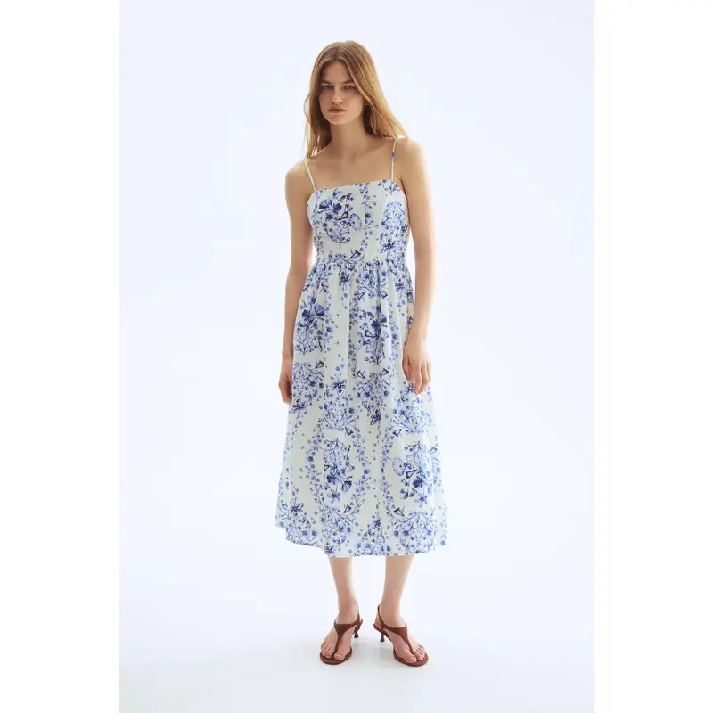 long sleeve milkmaid dress Sunshine Lane Milkmaid Sleeve Lace-up Back Dress Striped Steel Blue