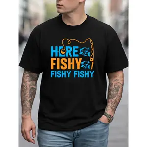 "Here's a Fish" Men's 180gsm Heavyweight 100% T-Shirt - Fun Fish Pattern and "Here's a Fish" Print, Black Base with Blue and Orange Letters, Casual Crew Neck Short Sleeve T-Shirt, Suitable for Casual Wear, Fishing Trips