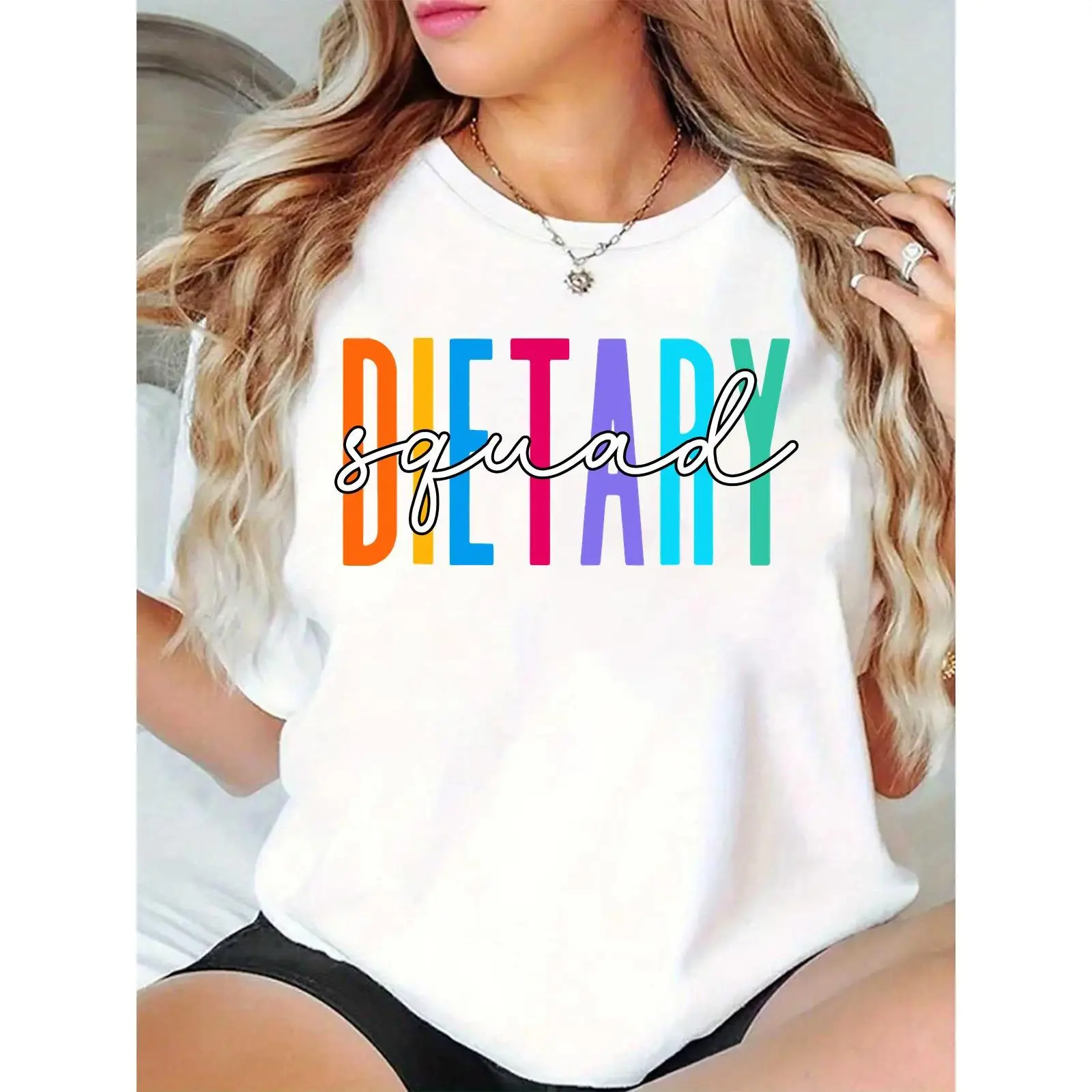 Women's Comfortable Cotton "Dietary Squad" Graphic Print Short-Sleeve Top, Essential Casual Fitness Tee for Wellness Enthusiasts, Gym & Daily Wear