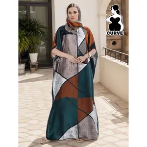 Arabian - Style Geometric Patchwork Kaftan Dress with The Same Series Of Scarves- Luxurious Fabric Blend, Loose Fit | Ideal for Cultural Celebrations & Stylish Casual Attire