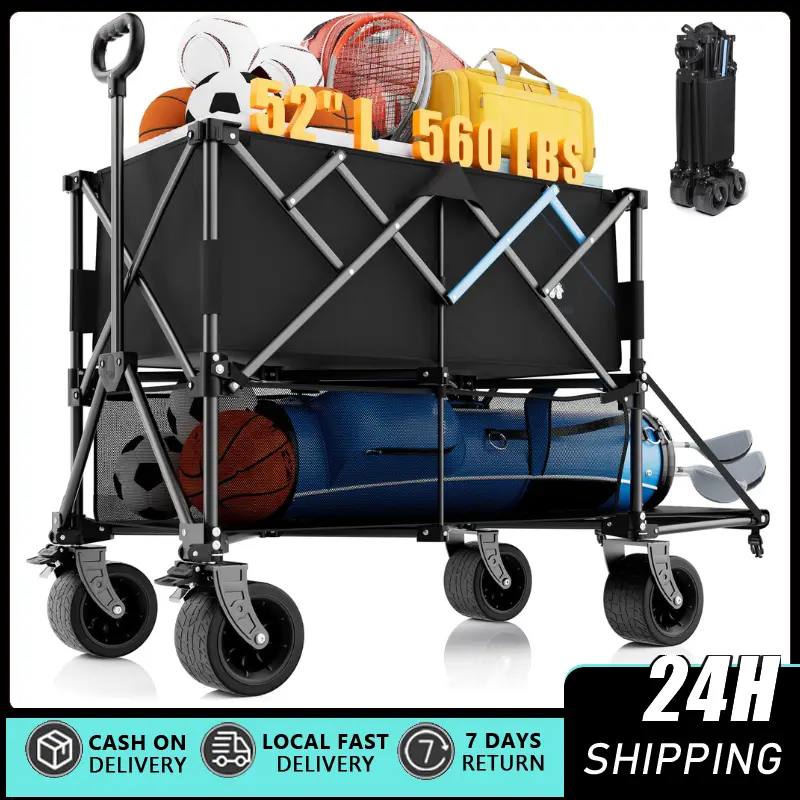 Heavy-Duty Collapsible Folding Wagon - Outdoor Double-Decker with Extender Add-On, 400L Large Capacity Garden Cart, 10x10 Canopy Fit, All-Terrain Big Wheels with Brakes, Utility Wagon for Sports, Camping