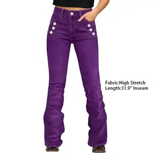 Flamingals Solid Button Detail High Waist Bootcut Pants