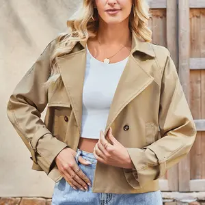 Women's Short Trench Coat Lapel Collar Double Breasted Casual Windbreaker Jacket Springfresh