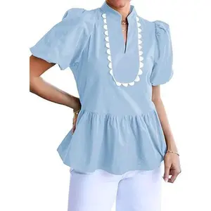 Cicy Bell Womens Puff Sleeve Peplum Blouses Ruffle V Neck Summer Casual Tops Babydoll Loose Fit Shirts