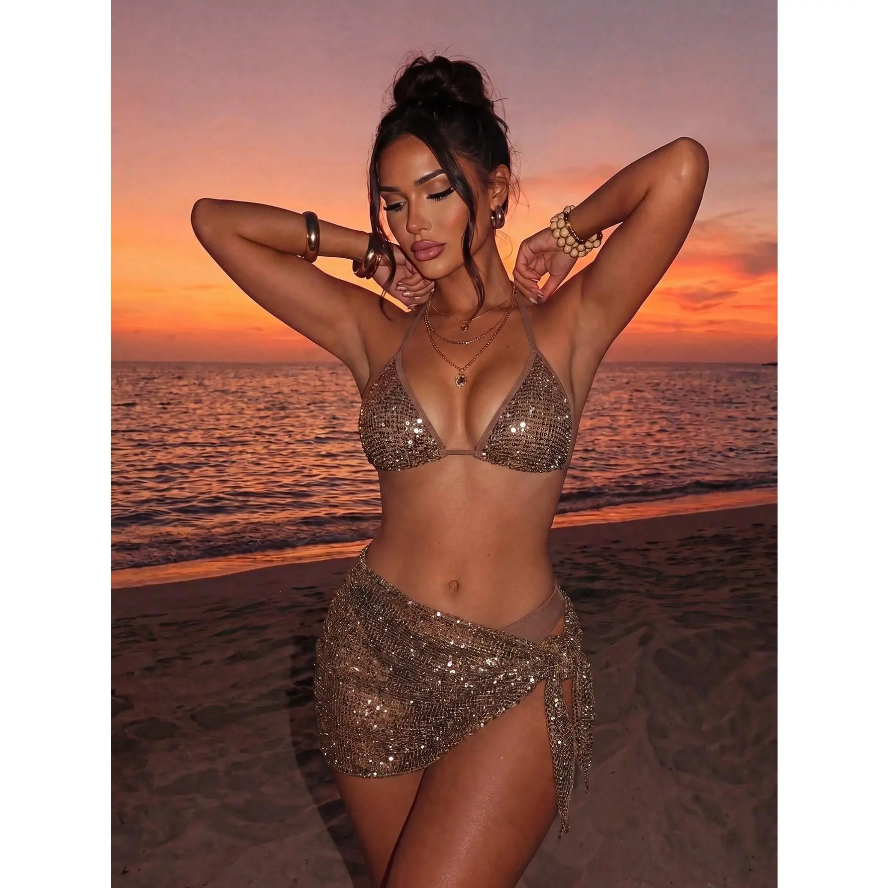 3-Piece Fabric Special Fabric Set, Suitable For Women's Spring And Summer Swimwear Sets. Glitter Two Pieces Set Glow Eve Women Two Pieces Outfit Rave Outfits For Women Two Pieces Brown Sequin Bikinis Set For Women With Cover Up