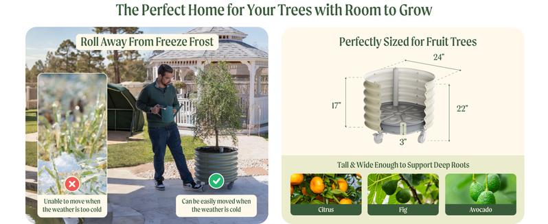 【VEGO GARDEN】Rolling Metal Citrus Tree Planter, Self-Watering Round Planter Box for Porch Patio & Backyard, Raised Garden Bed with Wheels for Growing Trees Tomatoes Vegetables and Flowers