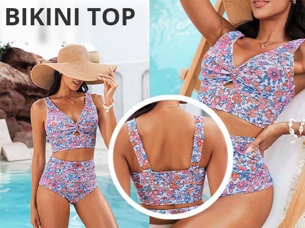 GRAPENT Floral Printed Bikini Tops for Women Cropped Tankini Padded Knot Twist Cut Out Beach Swim Top Only Summer Swimsuits