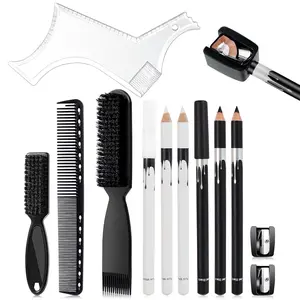 12Pcs Beard Shaper Tool Kit for Men Grooming White Black Barber Pencil with Sharpener Hairline Guide Comb Clipper Cleaning Brushes Set for Precision Styling