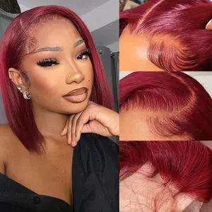Bob Wig Human Hair 13x4 HD Lace Frontal Short Straight Lace Front Bob Wigs for Black Women Human Hair Pre Plucked Glueless Side Part 180% Density Wine Red 99J Burgundy Color 12 Inch