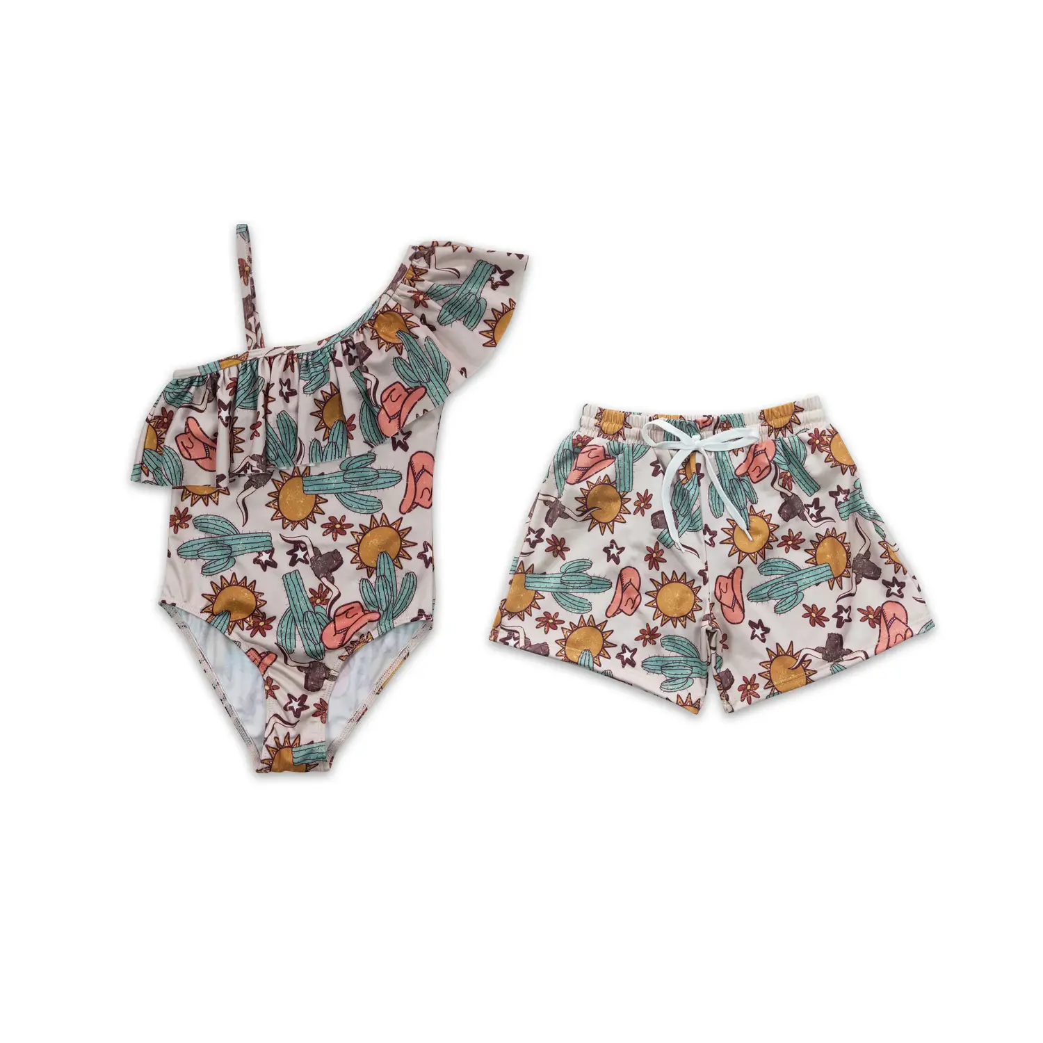S0034 Trending Western Girl Cactus Print One-Piece Breathable Swimsuit