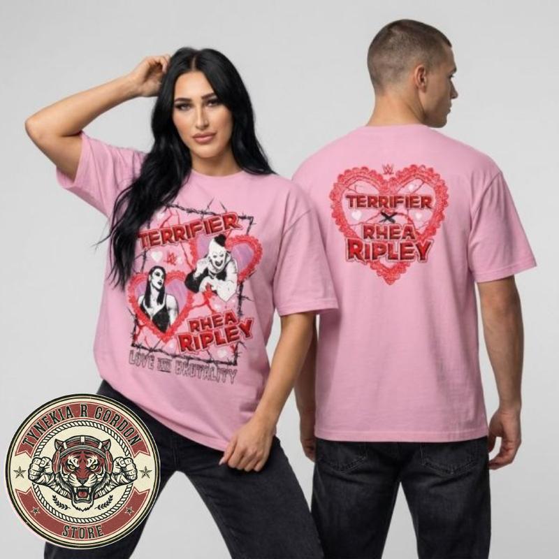 WWE Rhea Ripley X Terrifier Love And Brutality Shirt Collection Valentines Day 2026 Gothic Horror Romance Pink Aesthetic Merch T-Shirt