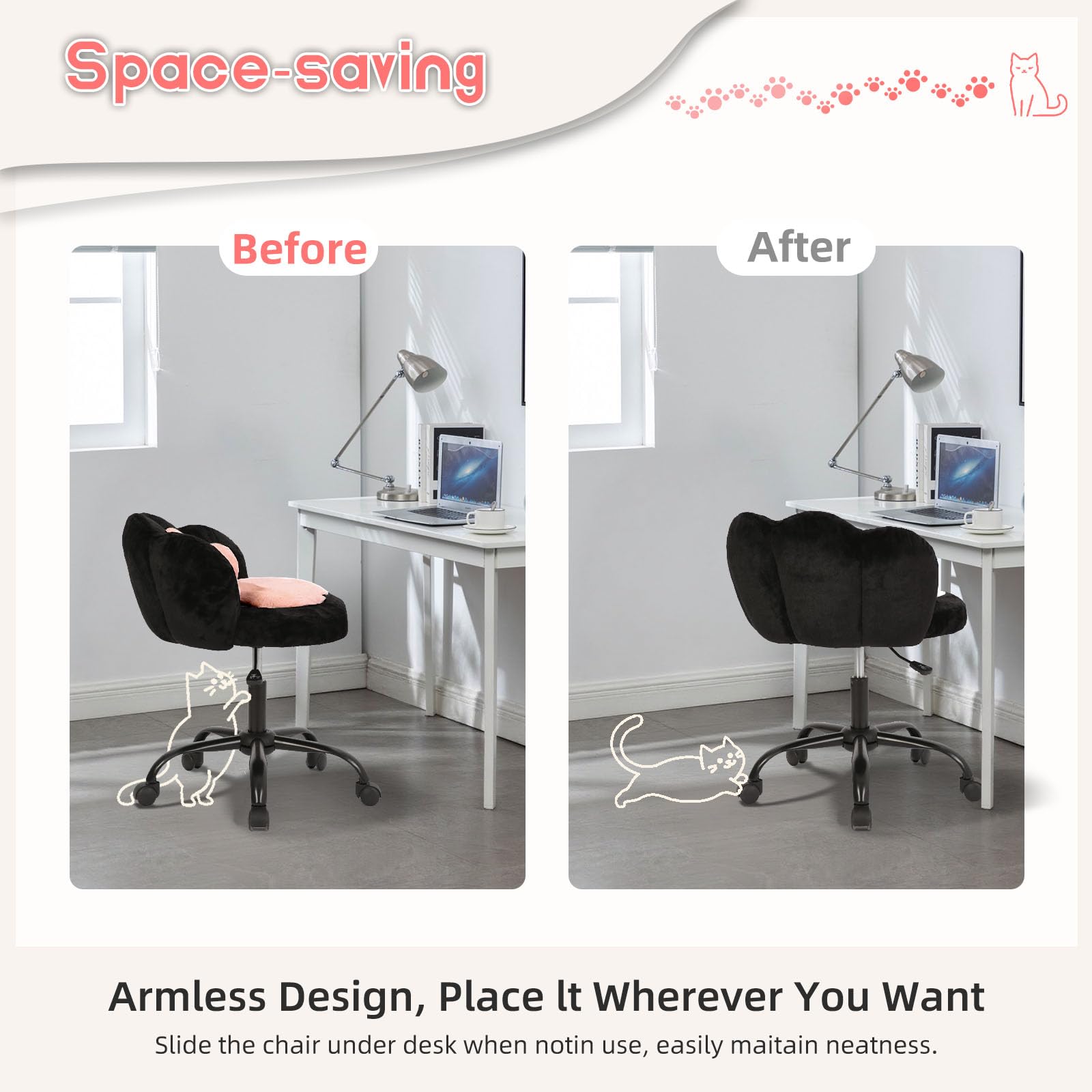 Vanity Chair with Wheels,Cute Cat Paw Office Chair with Back,360°Rotating Height Adjustable Armless Chair in Vibrant Color-Blocking,Small Desk Chair,Plush Cushion for Bedroom,Make-Up Room Home Office Vanity Chair with Wheels,Cute Cat Paw Office Chair with Back,360°Rotating Height Adjustable Armless Chair in Vibrant Color-Blocking,Small Desk Chair,Plush Cushion for Bedroom,Make-Up Room Home Office