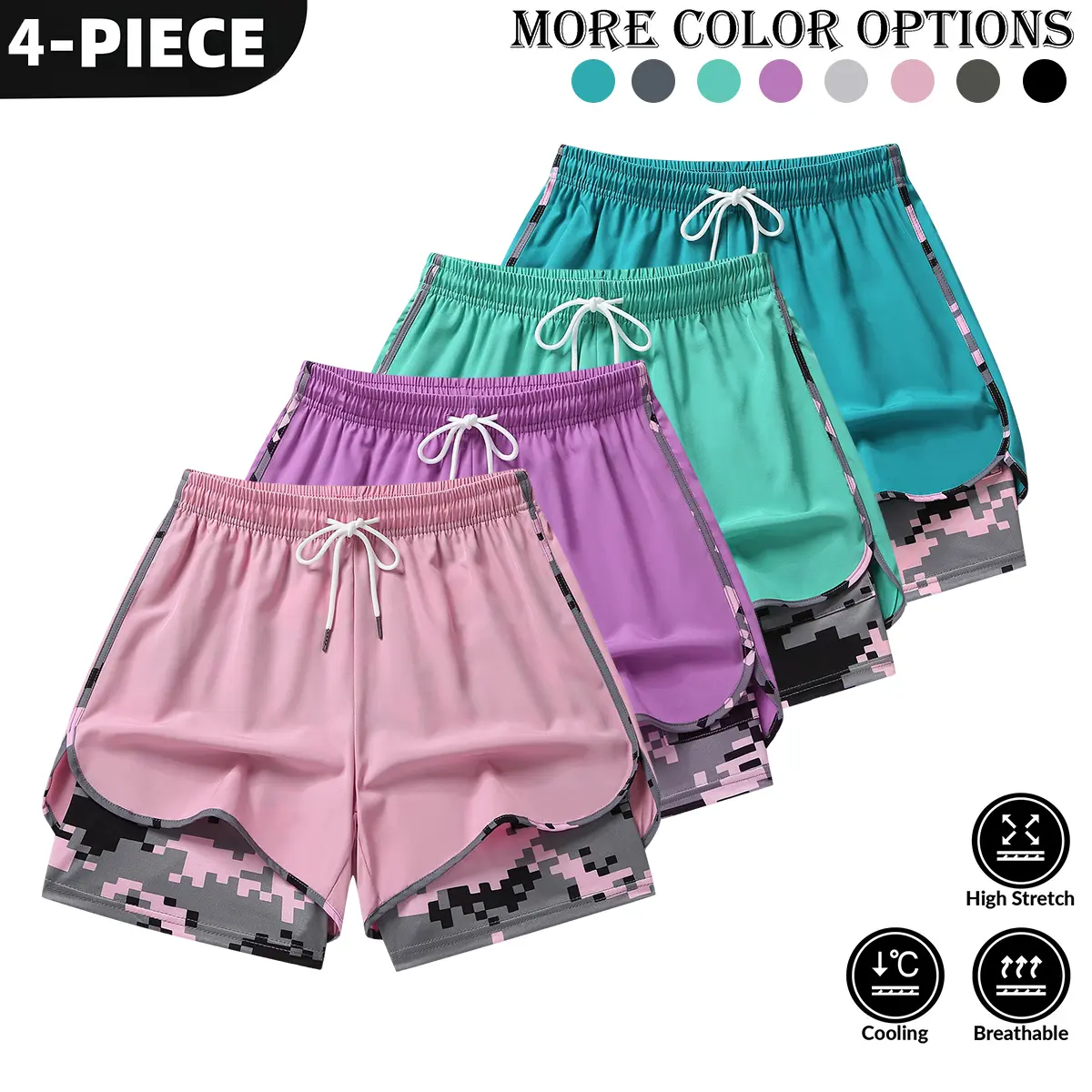 Women’s summer casual athletic shorts featuring a two-piece layered design with camouflage print, suitable for running and everyday workouts Women’s summer casual athletic shorts featuring a two-piece layered design with camouflage print, suitable for running and everyday workouts